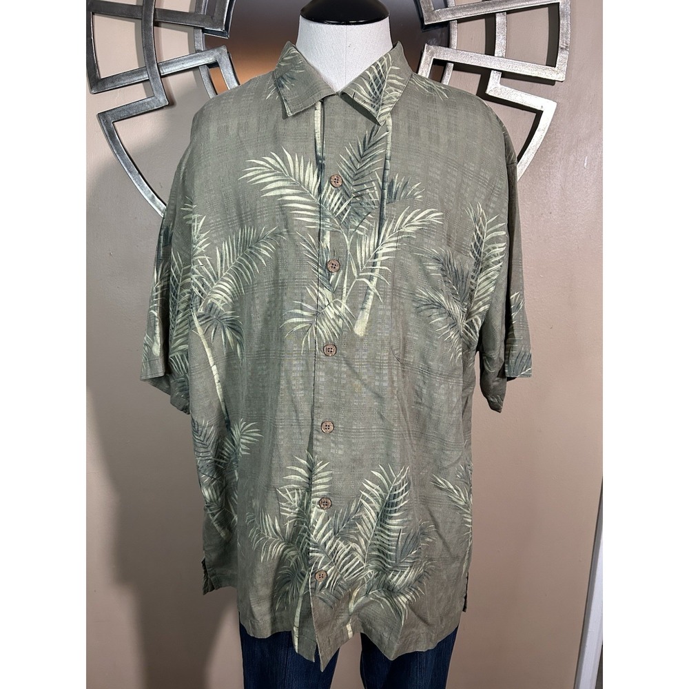 Men's Tommy Bahama Green Leaf Print 100% Silk Short Sleeve Dress Shirt- Size L